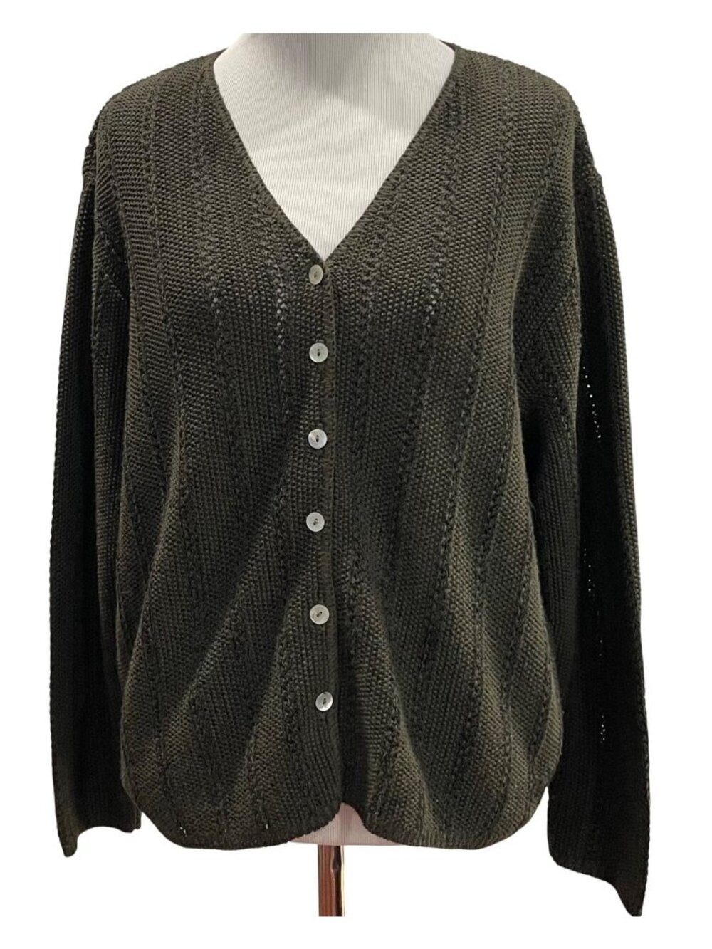 Vintage 90s Open Knit Cardigan Sweater L Green Cotton Fisherman Cottage Grandma